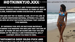 Hotkinkyjo deep fake penis poke and stomach erection at the public beach