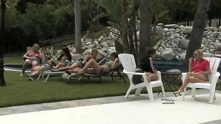 a lesbo orgy in a pool: golden-haired , brunette , many strumpets give pleasure