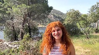 Redhead naked playgirl seduces a exposed dude outdoor and fucks him for our cameras!