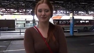 Non-Professional Helen displays her biggest milk sacks Real amateur red haired Eurobabe Helen flashes her huge whoppers and persuaded to receive her slit gangbanged in bus stop with this freak stranger for cash