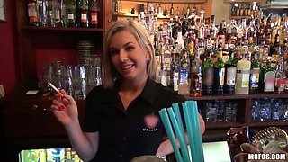 Beautiful blond bartender is spoke into having lovemaking at work